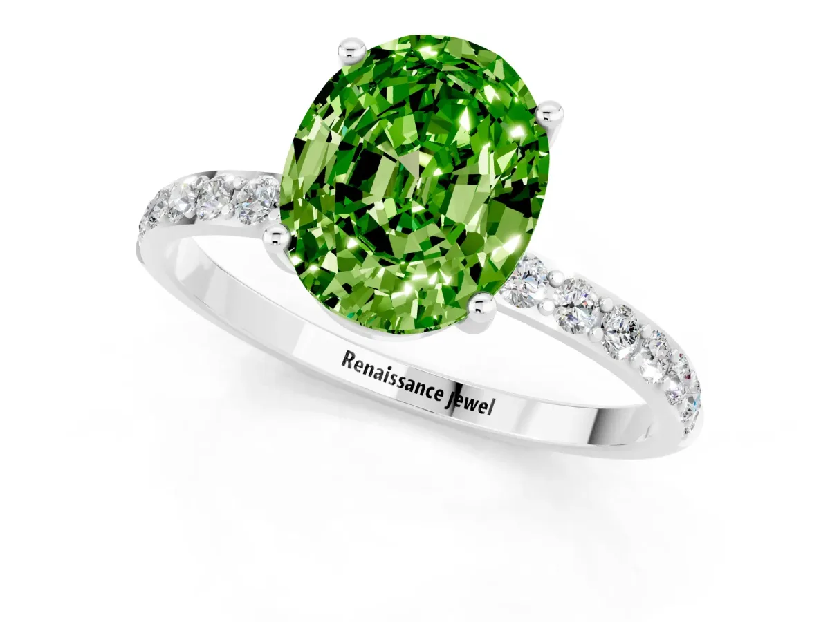 Oval Cut Peridot Solitaire Ring with Round Pavé Band and Prong Setting Platinum