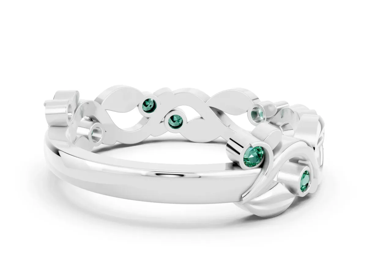 Round Green Sapphire Leaf Eternity Band with Bezel Setting White gold