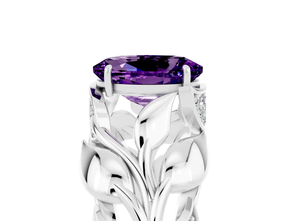 Oval Cut Amethyst Leaf-Inspired Engagement Ring with Round Accents and Prong Setting Platinum
