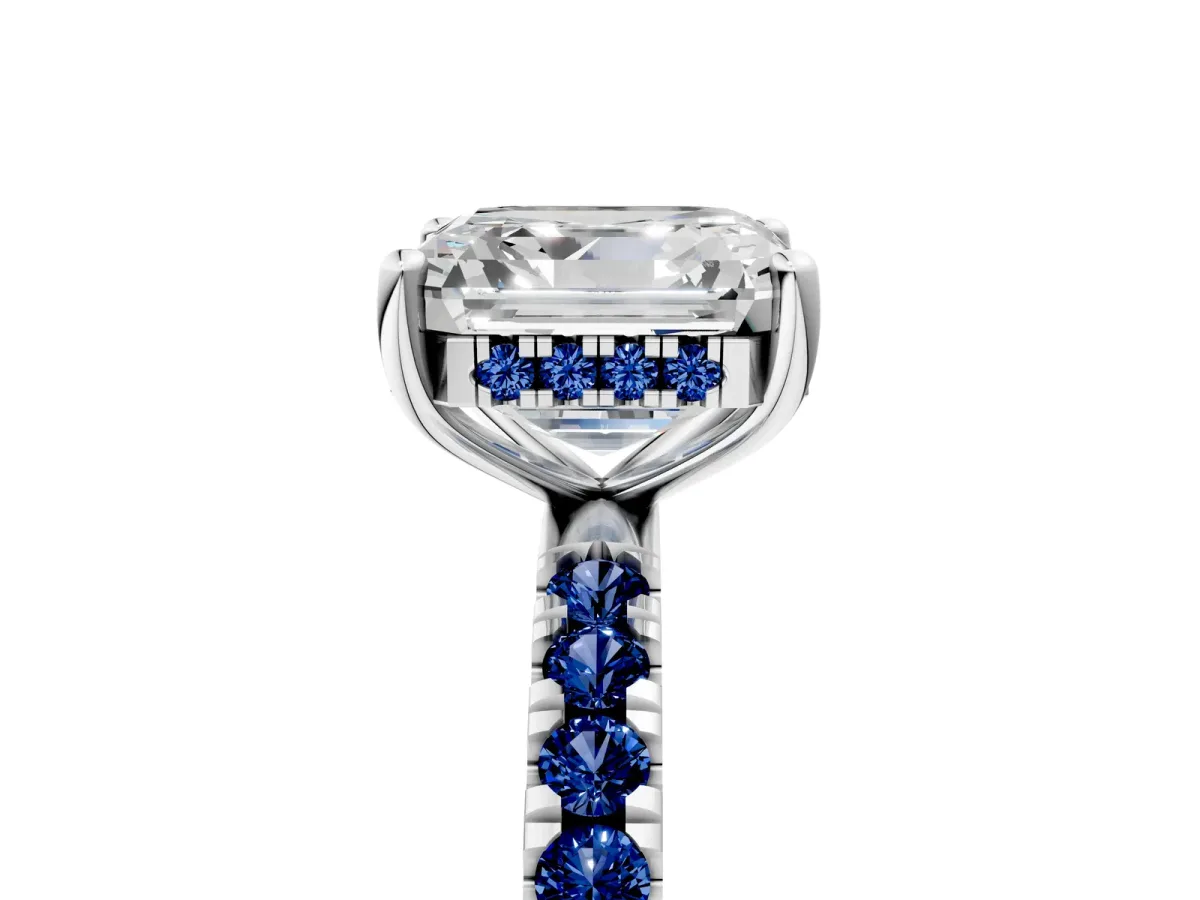 Asscher Cut Diamond Pave Band Solitaire Ring with Round Blue Sapphire and Prong Setting Silver