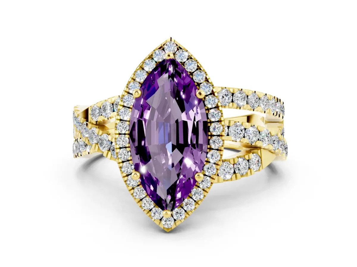 Marquise Cut Amethyst Halo Ring with Round Split Shank and Prong Setting Yellow gold