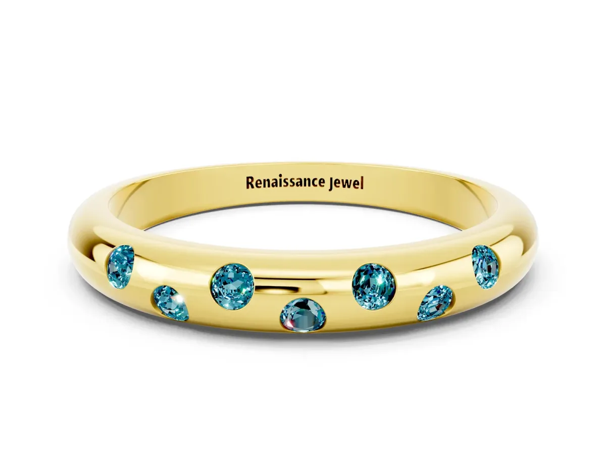 Round Blue Topaz Flush-Set Comfort Fit Band Yellow gold