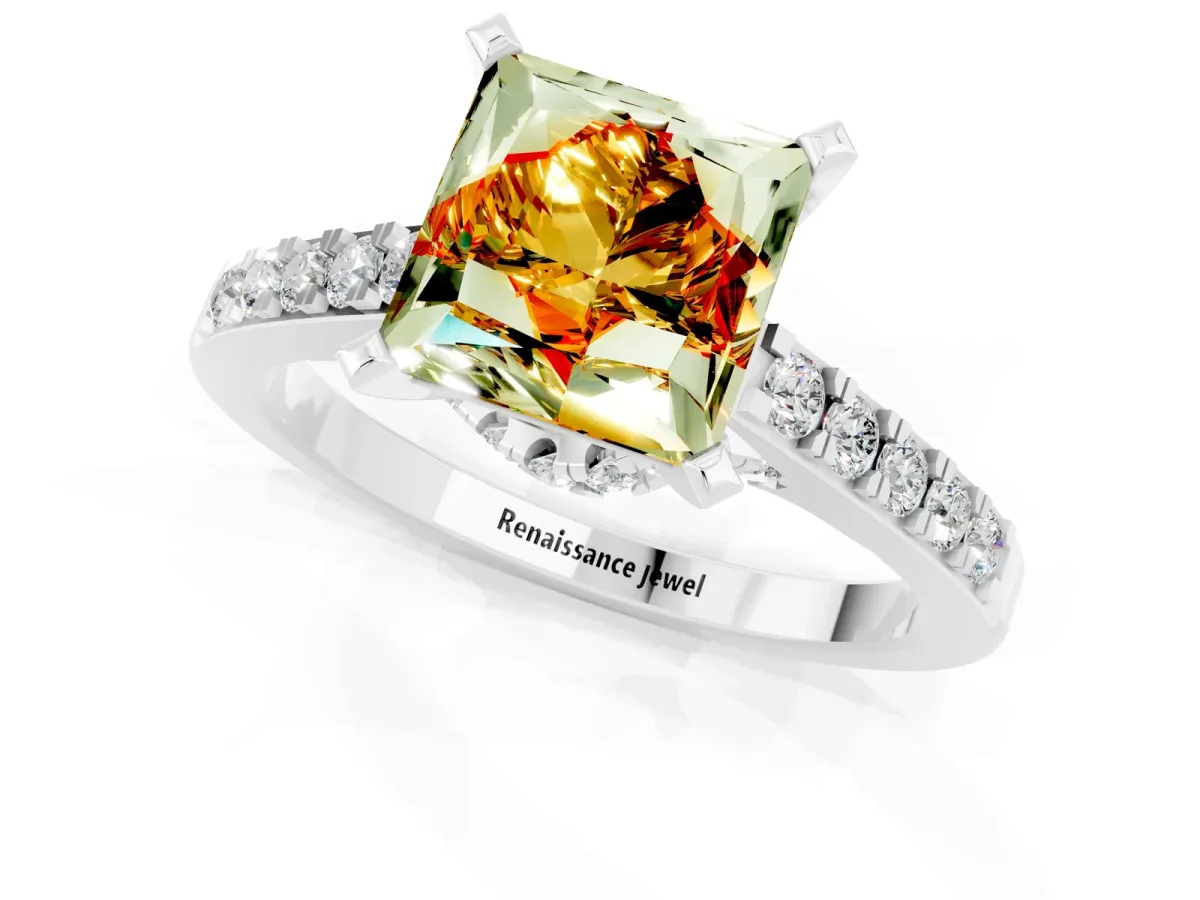 Princess Cut Citrine Solitaire Ring with Crossover Gallery and Round Pavé Band Silver