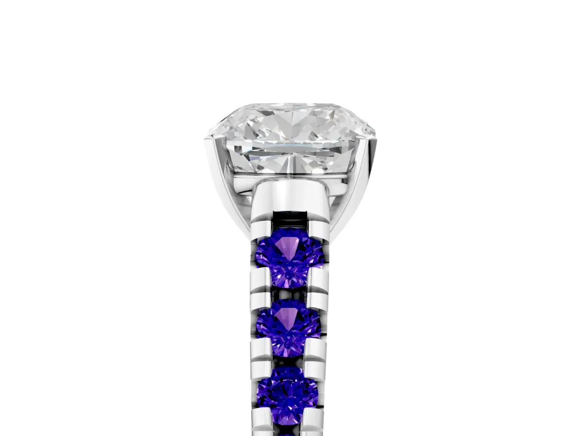 Cushion Cut Diamond Cathedral Solitaire Ring with Round Tanzanite Pavé Band Silver