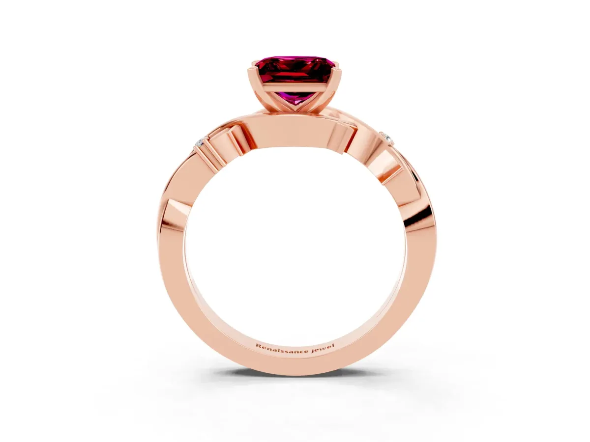 Princess Cut Garnet Solitaire Ring with Twisted Band and Prong Setting Rose gold