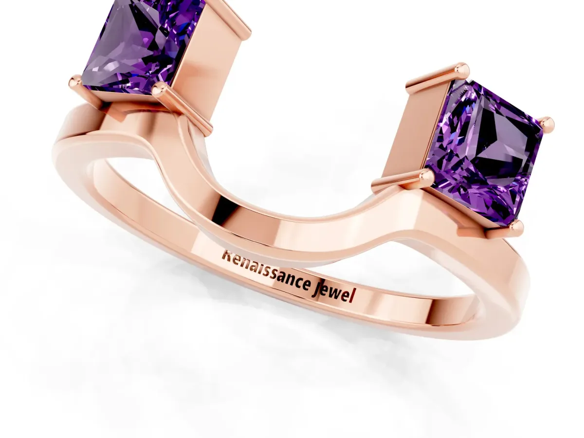 Princess Cut Amethyst Two-Stone Open Band Ring with Four-Prong Setting Rose gold