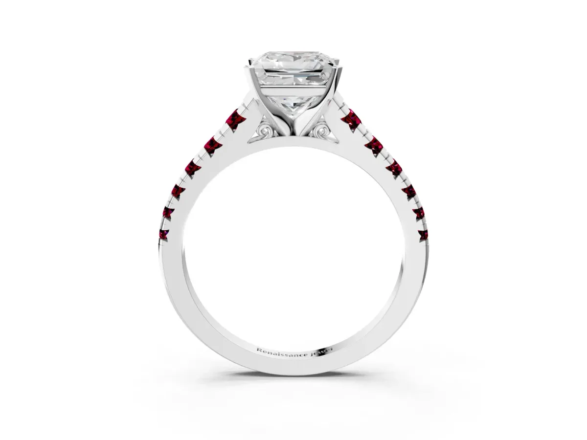 Princess Cut Diamond Cathedral Solitaire Ring with Round Garnet Pavé Band Silver
