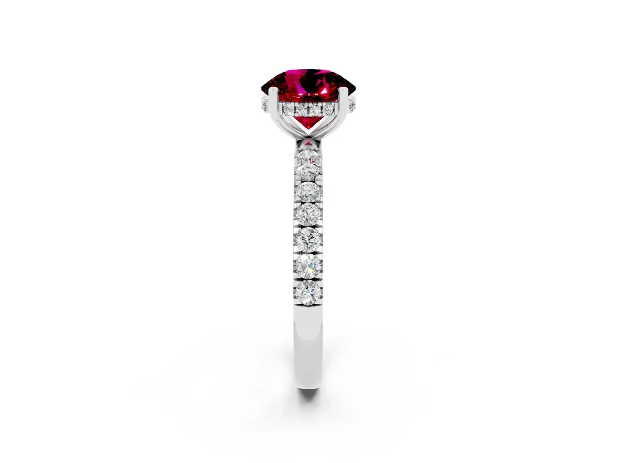 Round Cut Garnet Pave Band Solitaire Ring with Round and Prong Setting Platinum