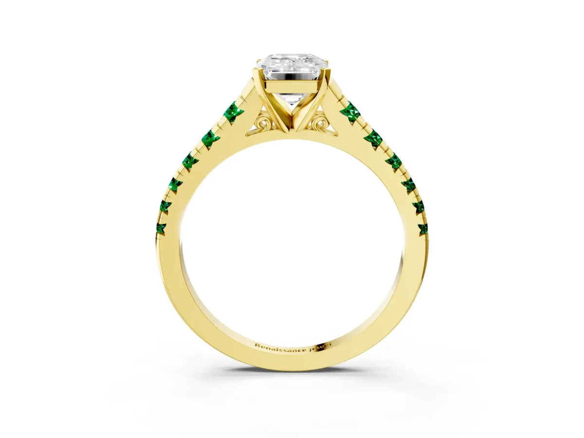 Emerald Cut Diamond Cathedral Solitaire Ring with Round Emerald Pavé Band Yellow gold
