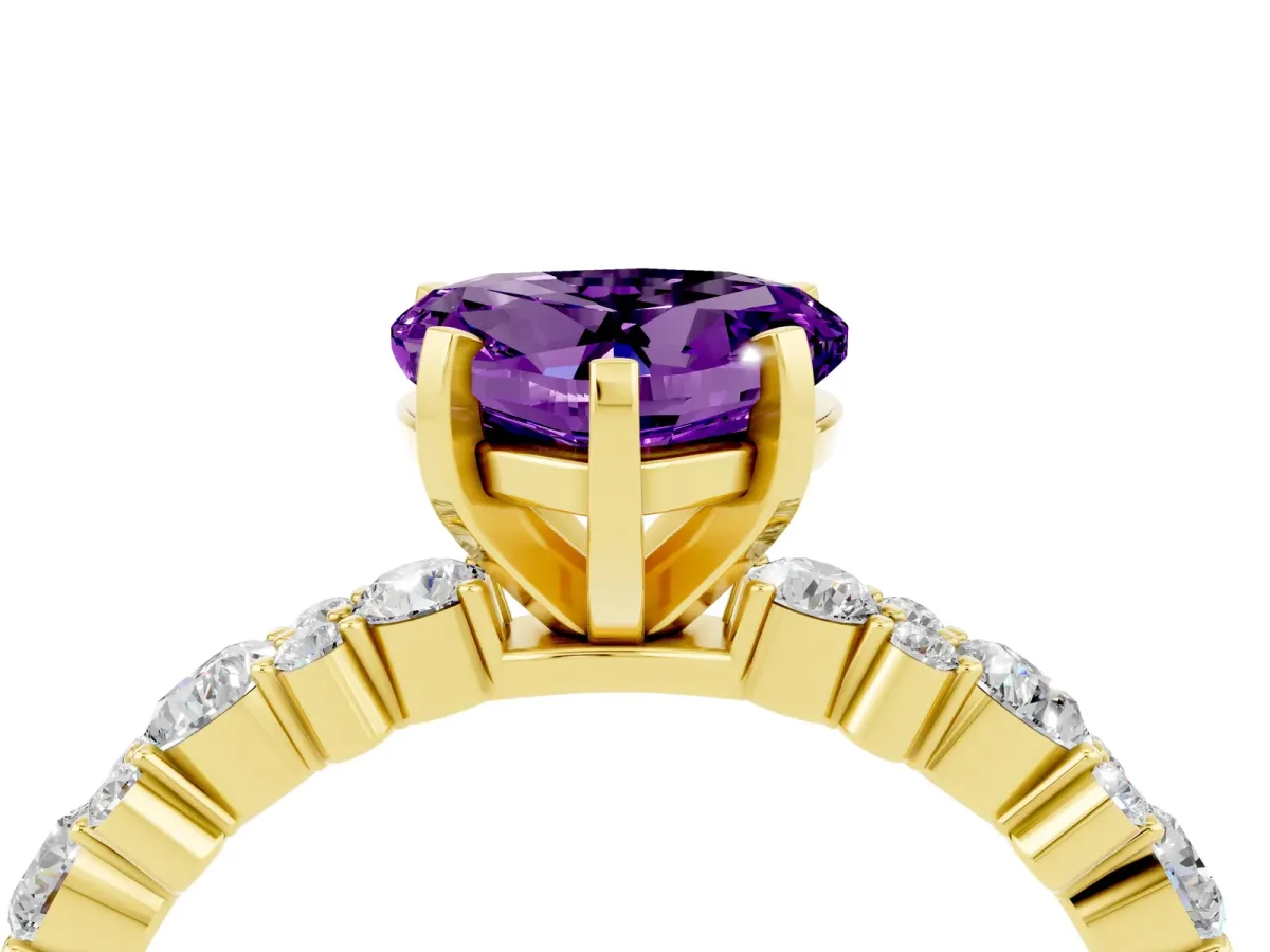 Heart Cut Amethyst Side Stone Solitaire Ring with Round and Four-Prong Setting Yellow gold