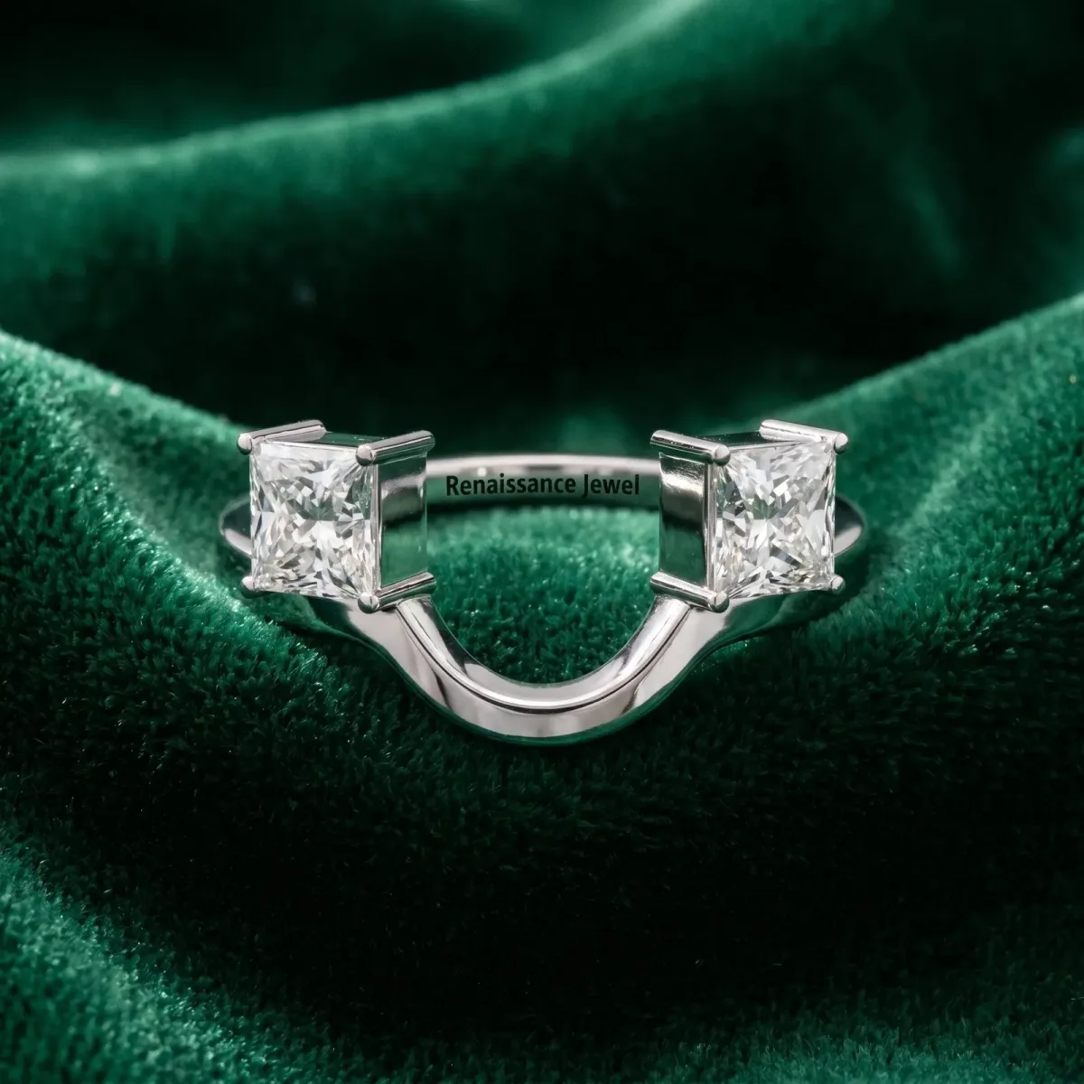 Princess Cut Diamond Two-Stone Open Band Ring with Four-Prong Setting Silver
