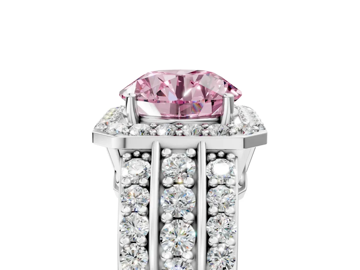 Fancy Pink Round Cut Halo Diamond Ring with Round Split Shank and Prong Setting Silver