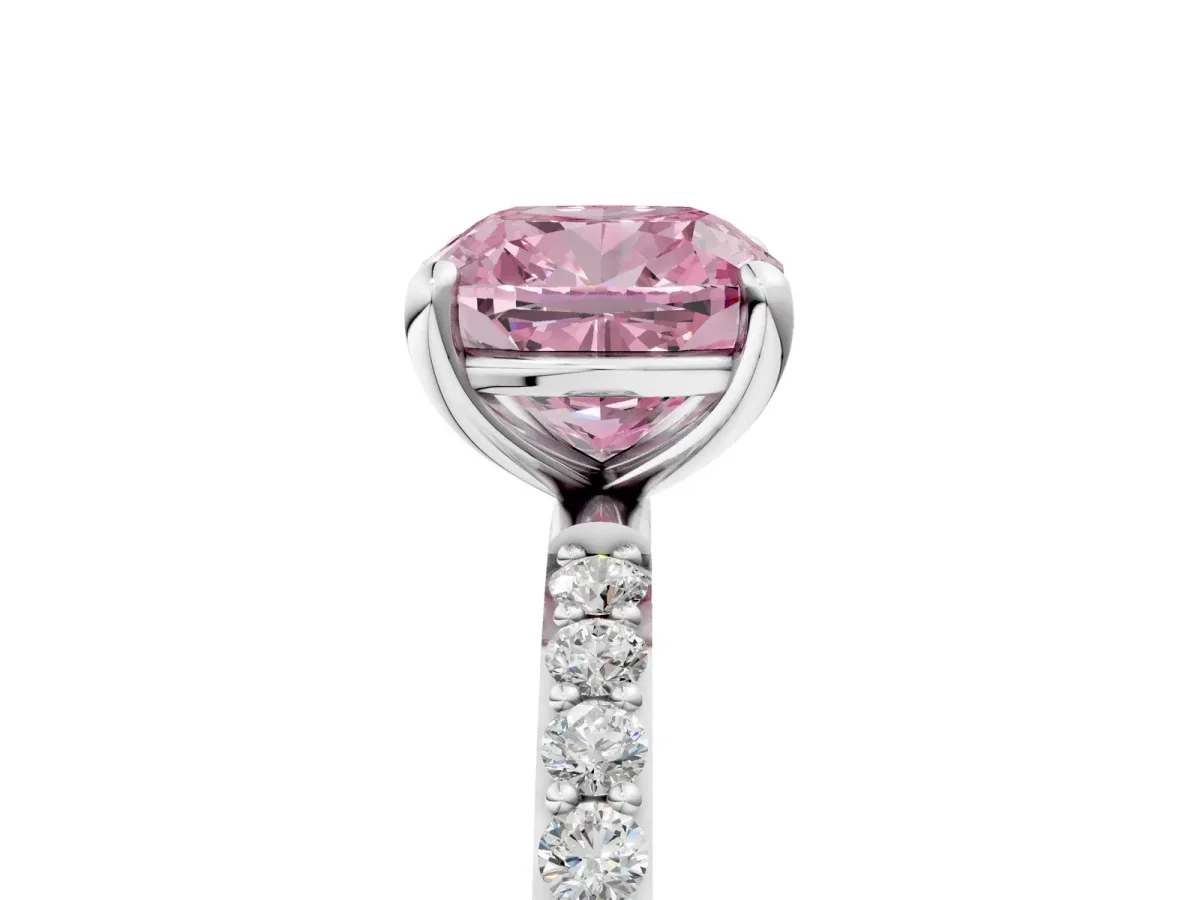 Fancy Pink Cushion Cut Diamond Solitaire Ring with Round Pavé Band and Prong Setting Silver