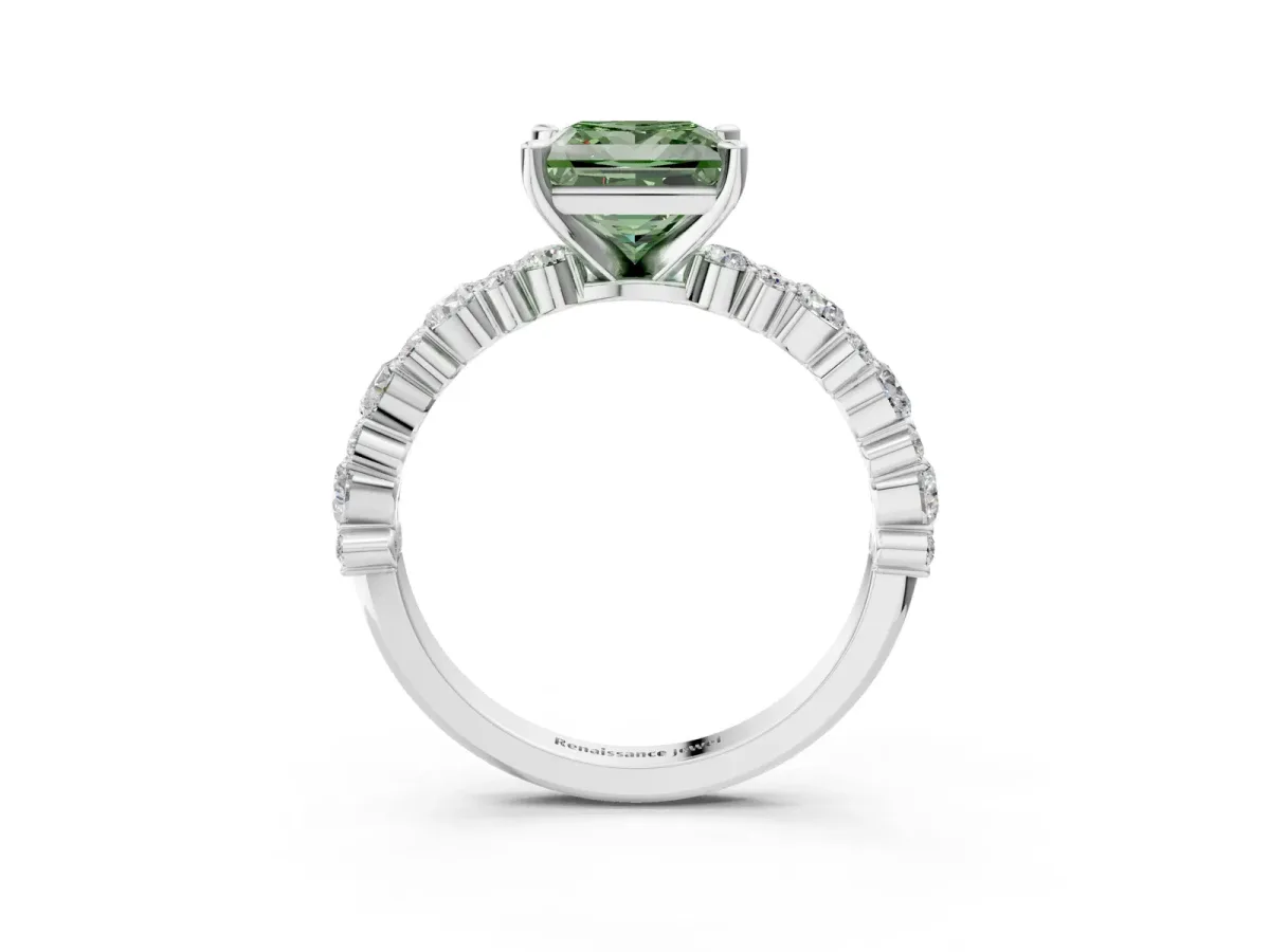 Fancy Green Princess Cut Diamond Side Stone Solitaire Ring with Round and Four-Prong Setting Silver