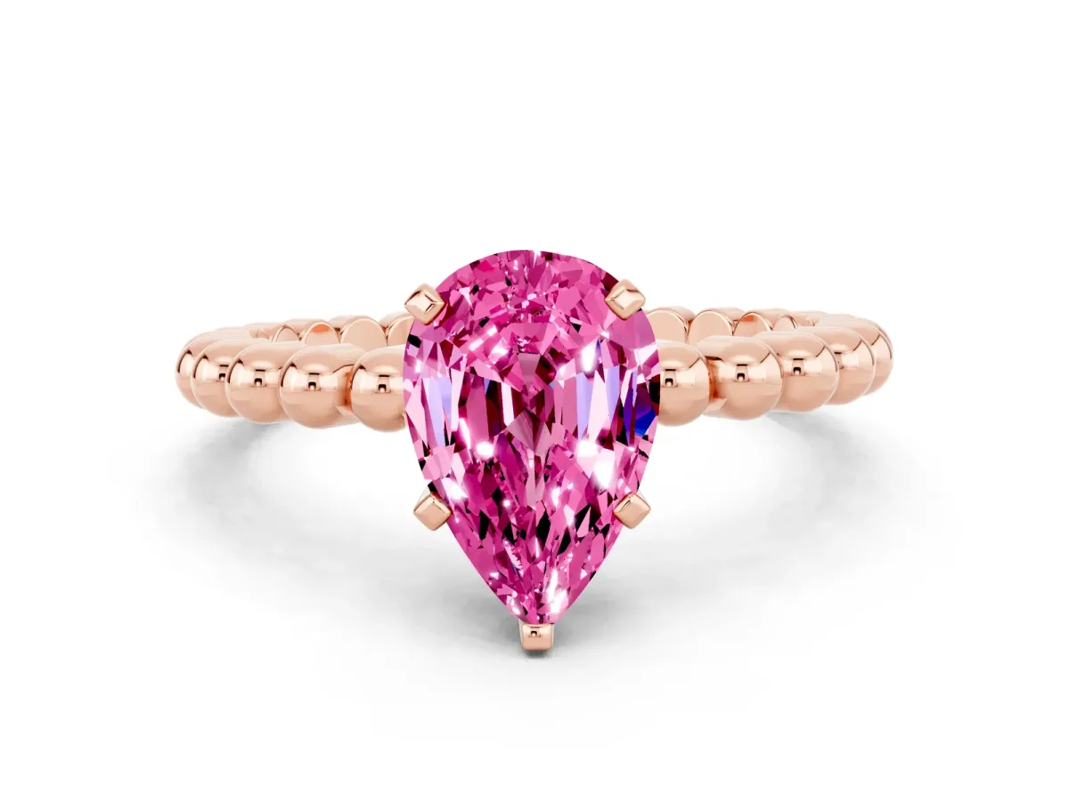 Pear Cut Pink Sapphire Solitaire Ring with Beaded Band and Prong Setting Rose gold