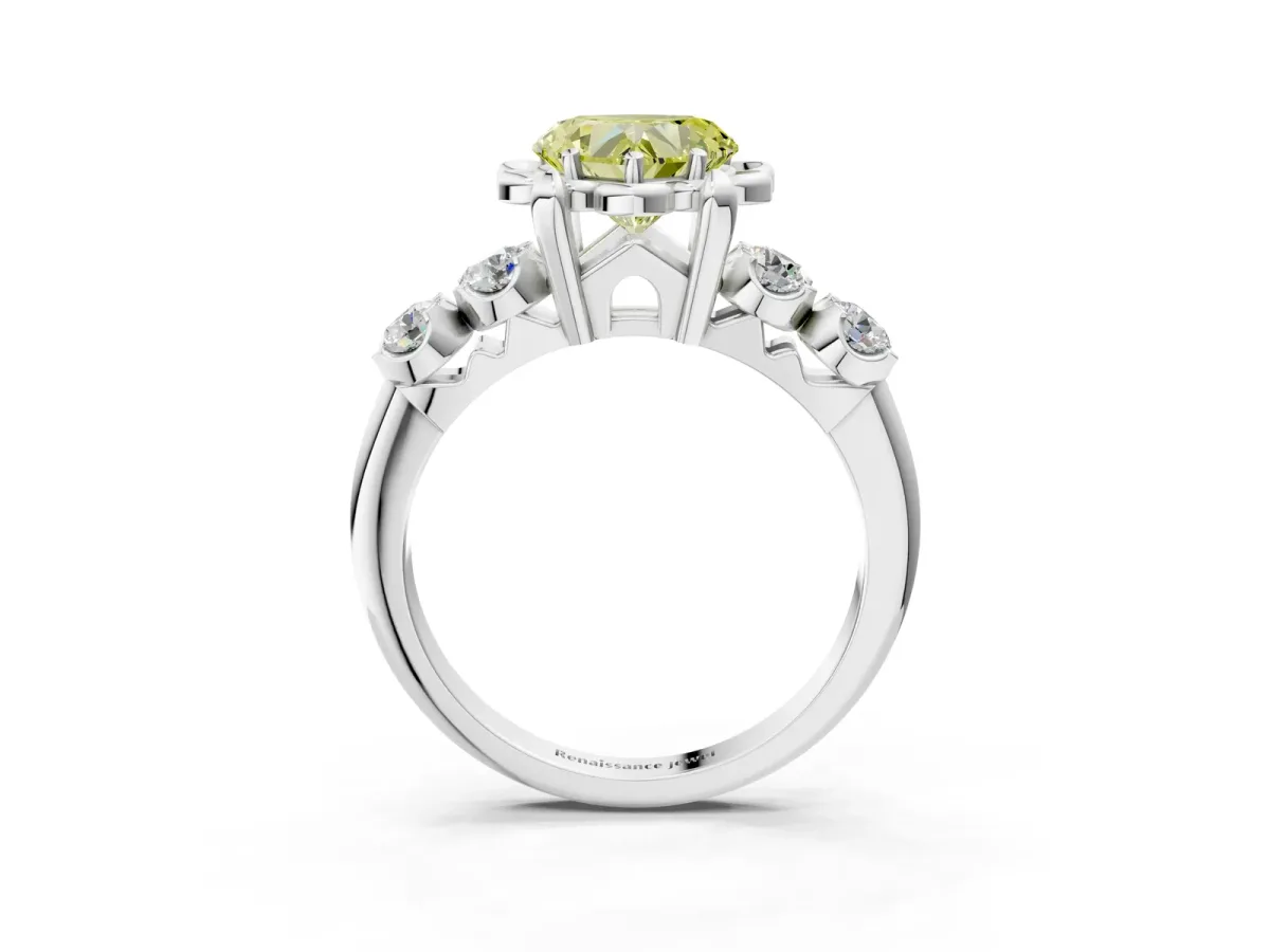 Fancy Yellow Heart Cut Cut Diamond Floral Halo Engagement Ring with Shared Prong Setting Silver