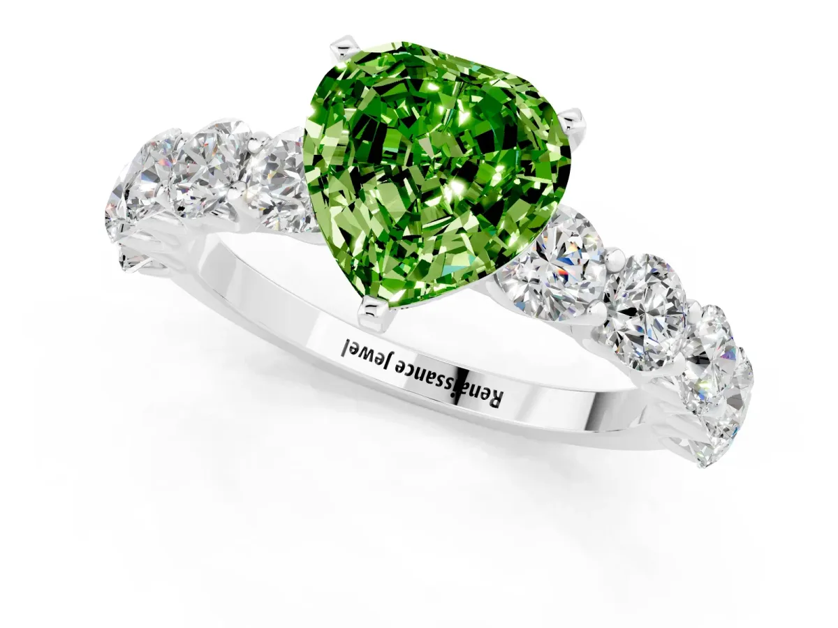Heart Cut Peridot Prong Setting with Side Stones on a Pave Band Silver