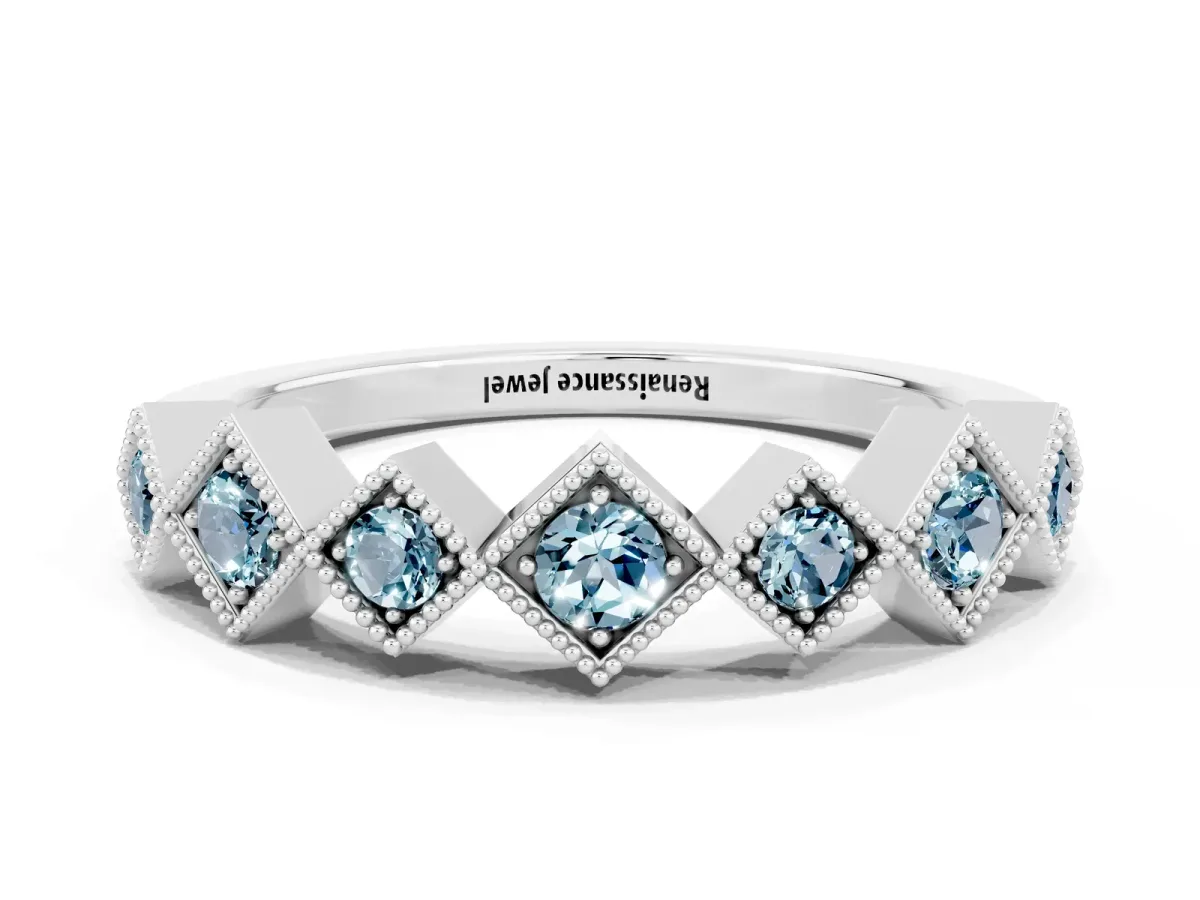 Milgrain Square Bezel Round Aquamarine Chevron Band Silver