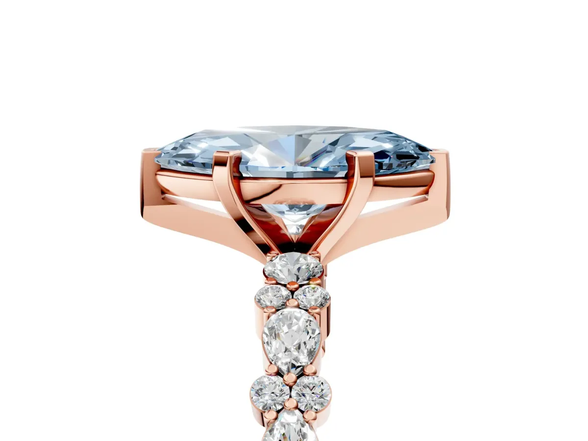 Fancy Blue Marquise Cut Diamond Side Stone Solitaire Ring with Round and Four-Prong Setting Rose gold
