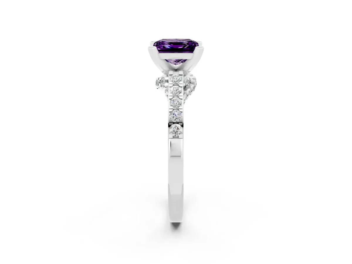 Princess Cut Amethyst Solitaire Ring with Crossover Gallery and Round Pavé Band Silver