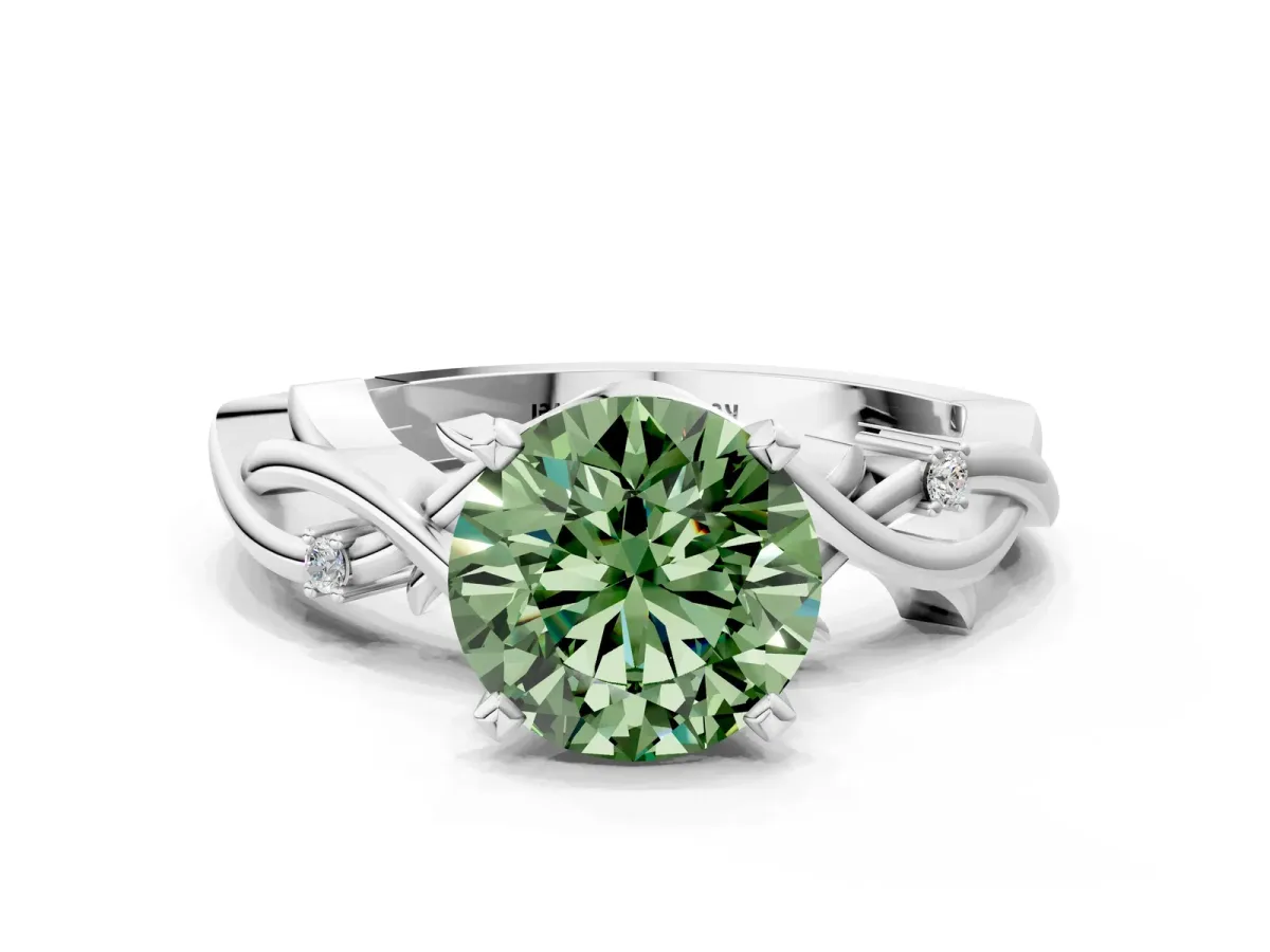 Fancy Green Round Cut Diamond Solitaire Ring with Twisted Band and Prong Setting Platinum
