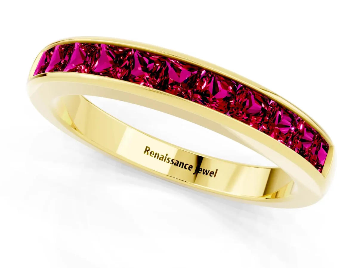 Channel Set Princess Cut Garnet Eternity Band Yellow gold