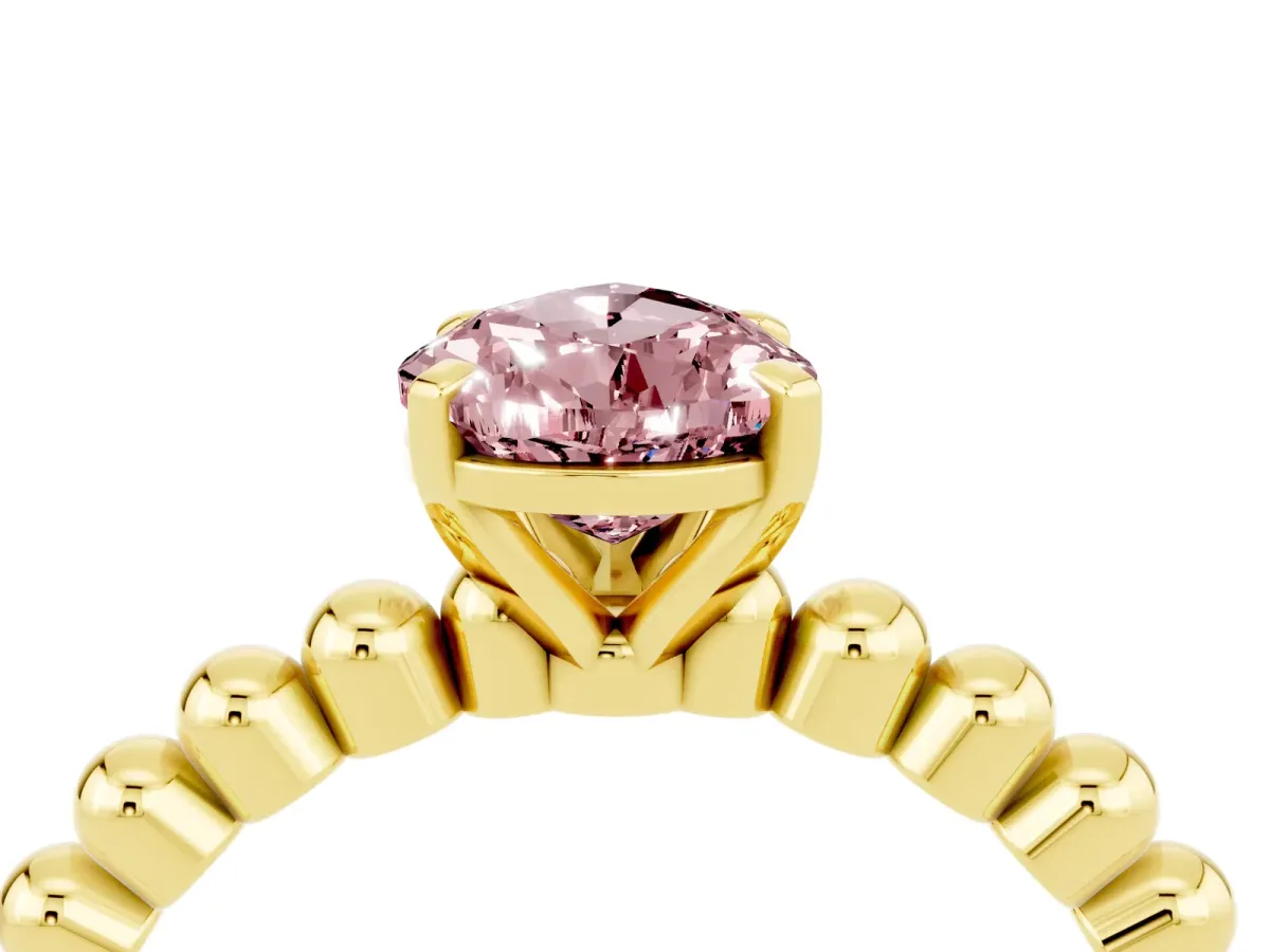Pear Cut Morganite Solitaire Ring with Beaded Band and Prong Setting Yellow gold