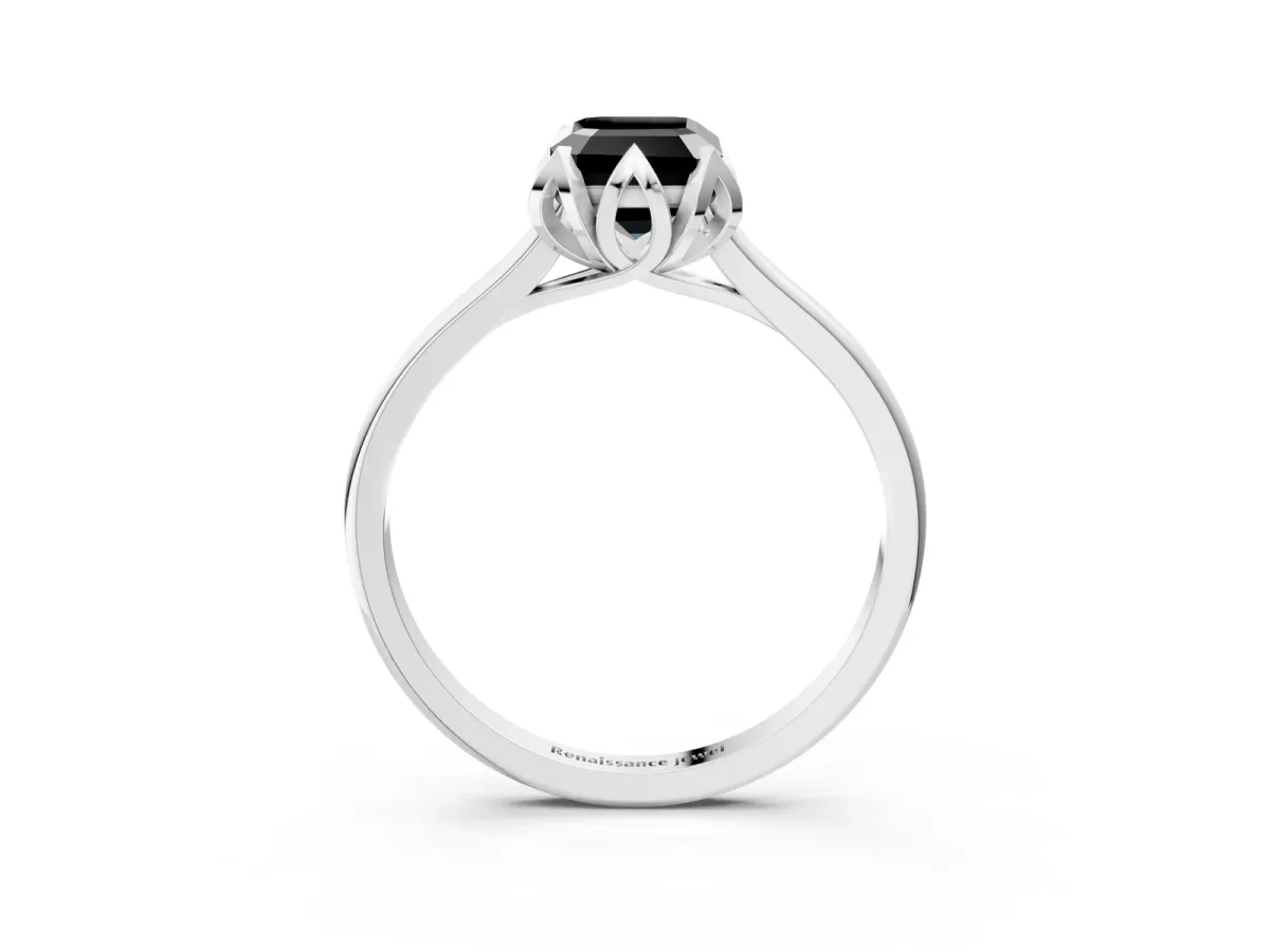 Fancy Black Emerald Cut Diamond Solitaire Ring with Flower Prong Setting and Classic Band White gold
