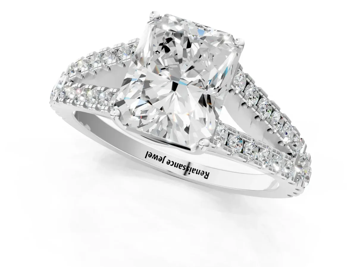 Radiant Cut Diamond Split Shank Pavé Engagement Ring with Four-Prong Setting White gold