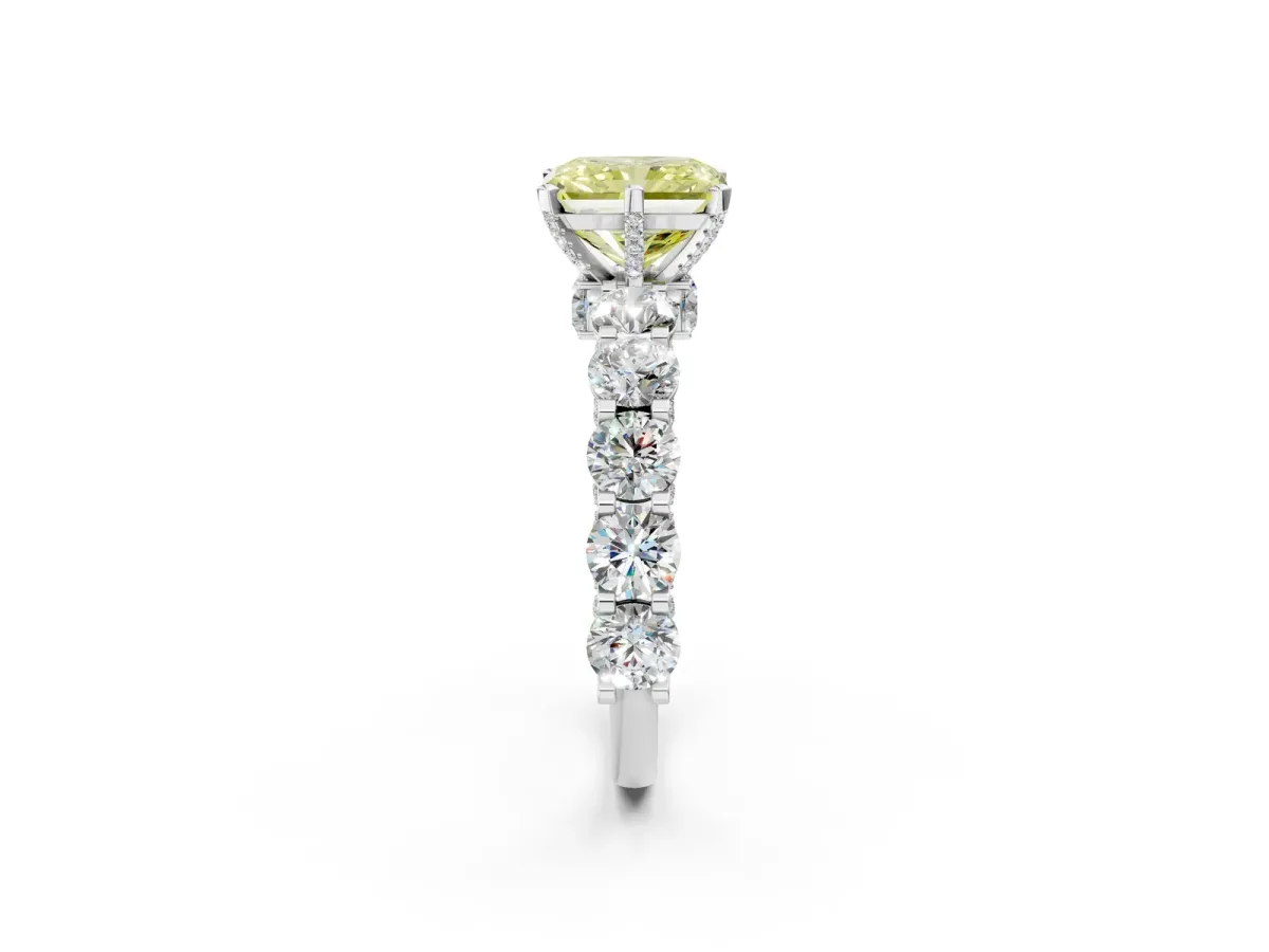 Fancy Yellow Radiant Cut Diamond Side Stone Engagement Ring with Four-Prong Setting White gold
