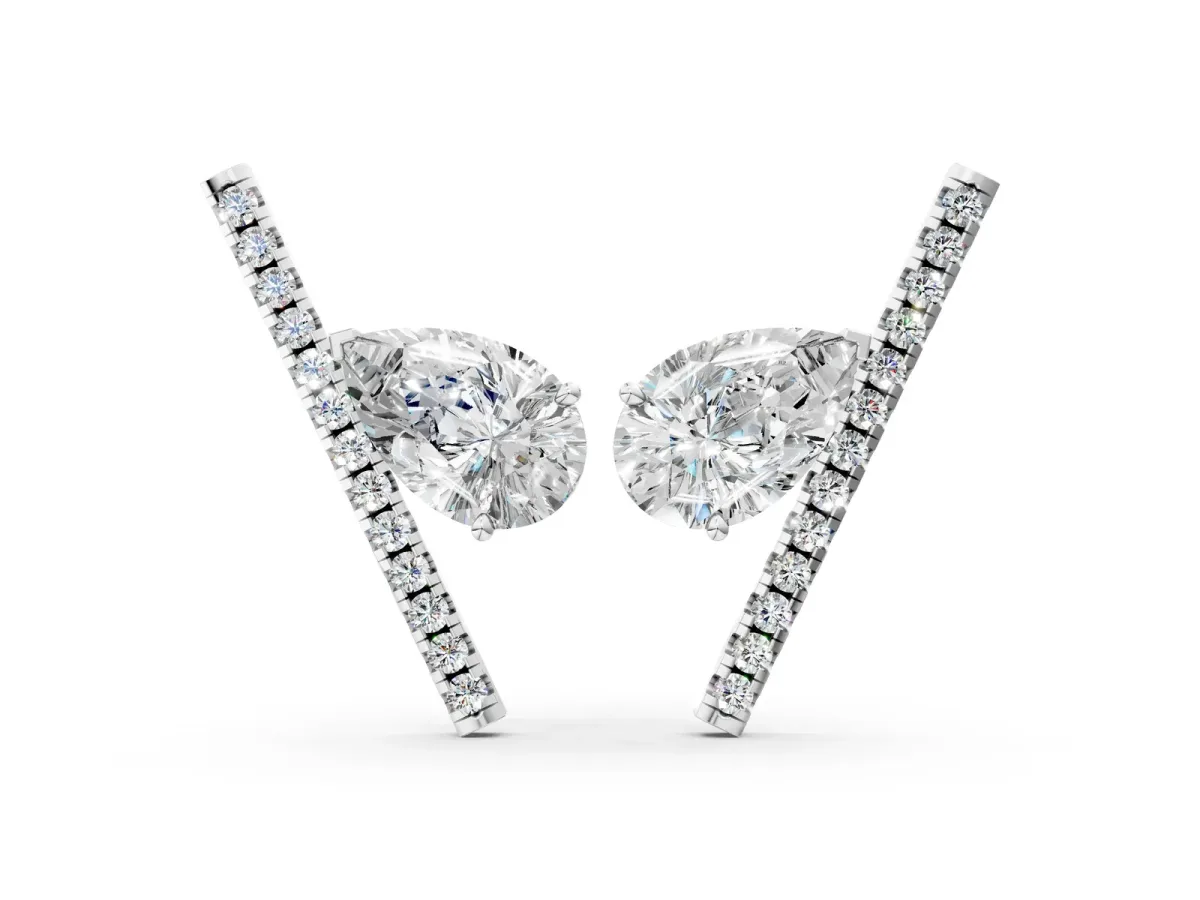 Pear Diamond Stud Earrings with Round Micro Pavé Bar Silver