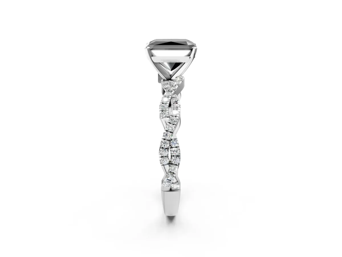 Fancy Black Radiant Cut Solitaire Twisted Pave Band with Four-Prong Setting Platinum