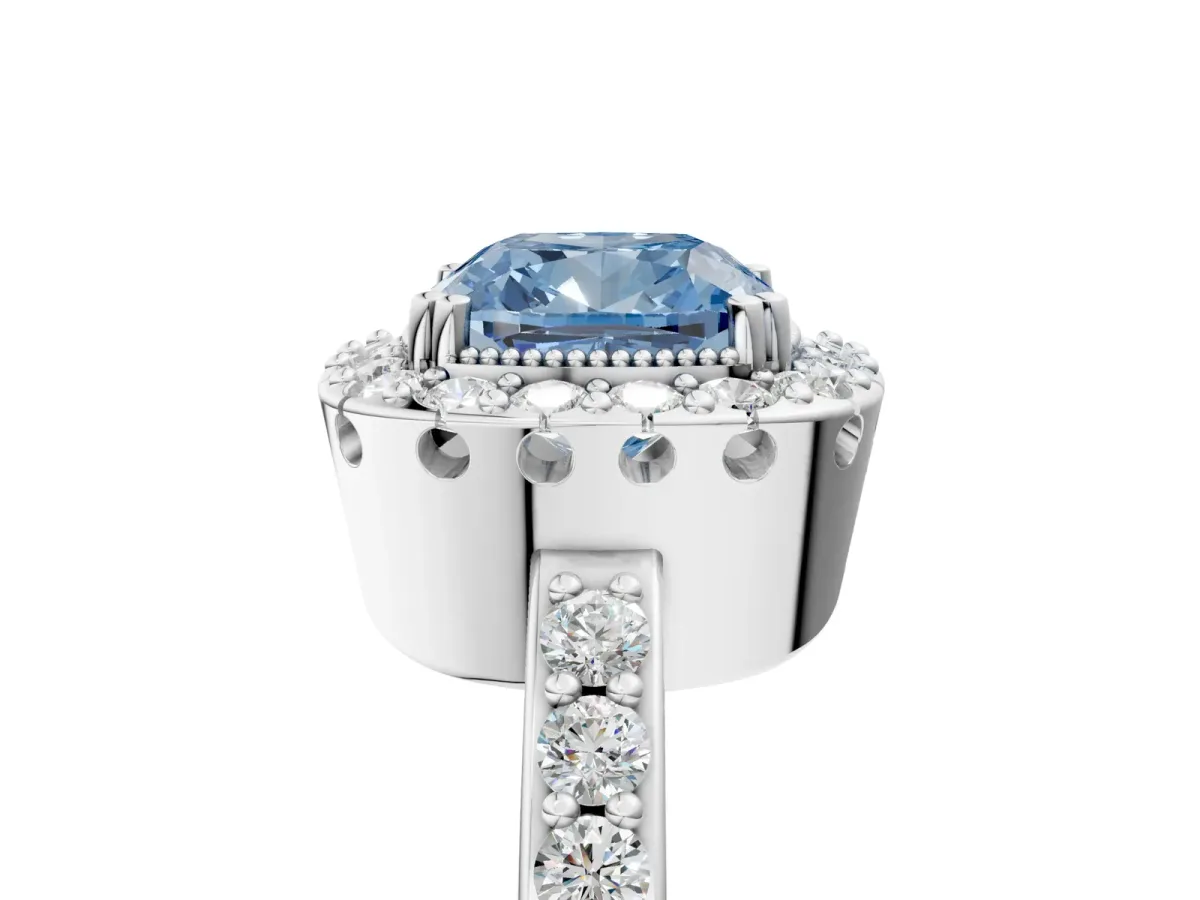 Fancy Blue Cushion Cut Diamond Halo Ring with Pavé Band and Prong Setting Silver