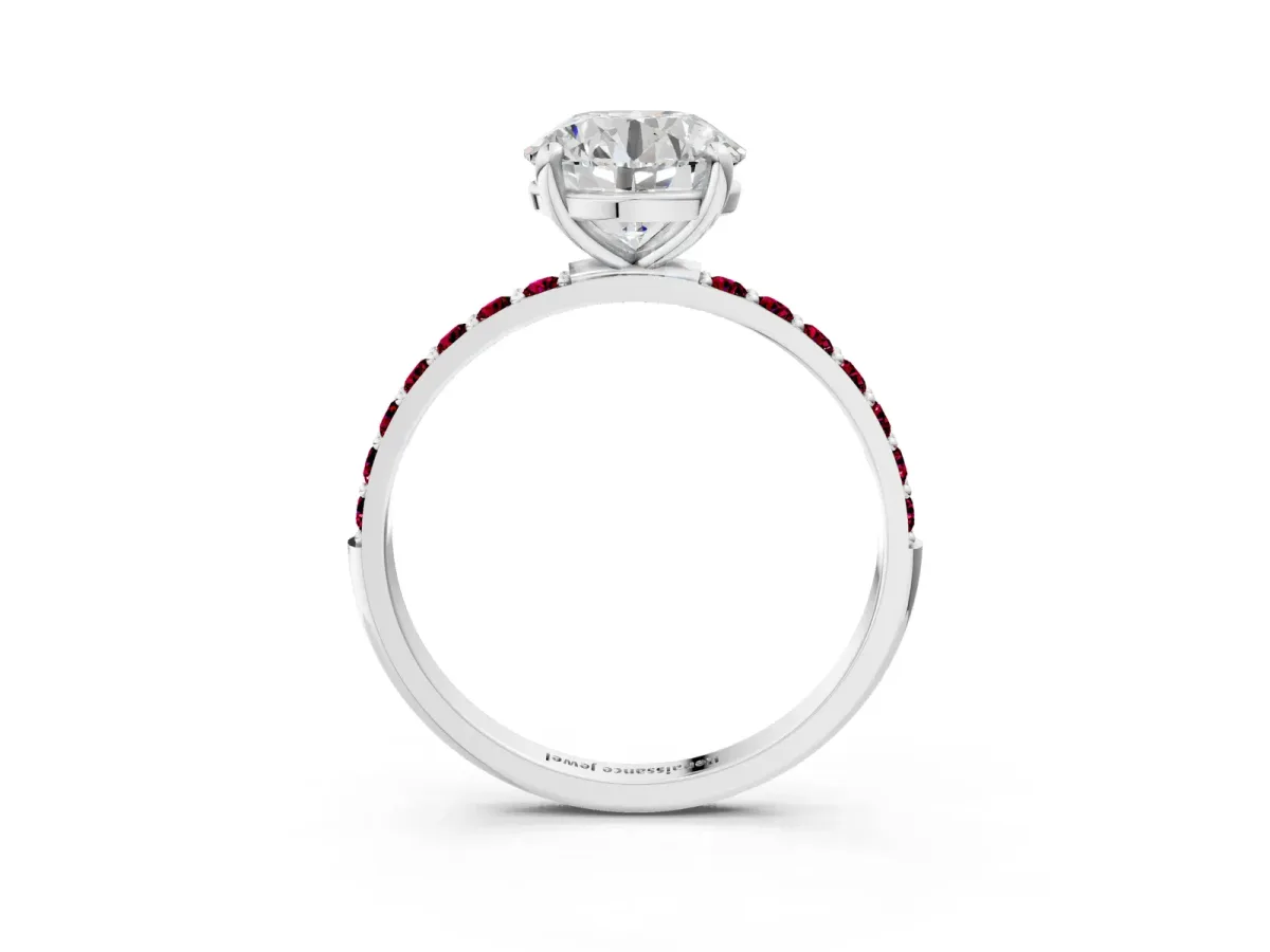 Round Cut Diamond Solitaire Ring with Round Garnet Pavé Band and Prong Setting Silver