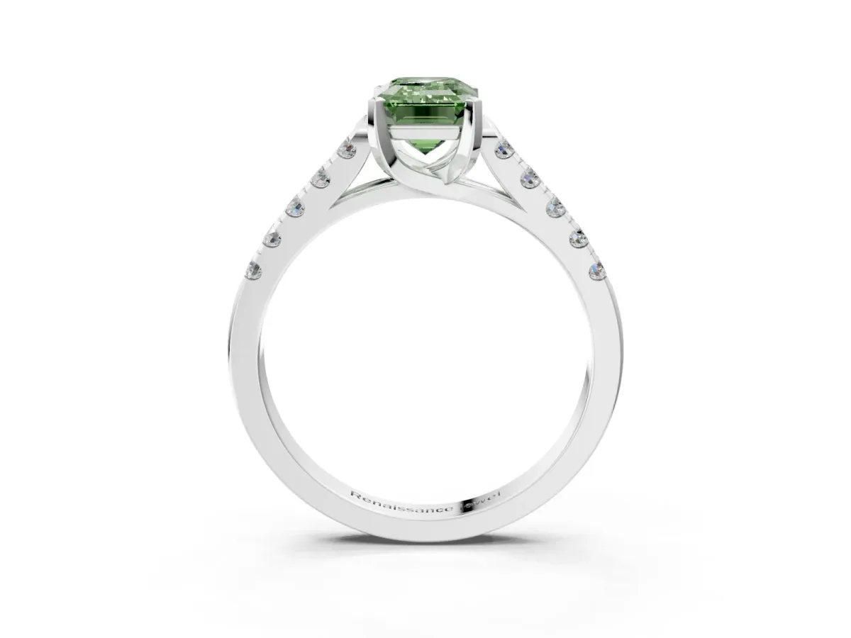Fancy Green Emerald Cut Diamond Pavé Band Solitaire Ring with Prong Setting Platinum