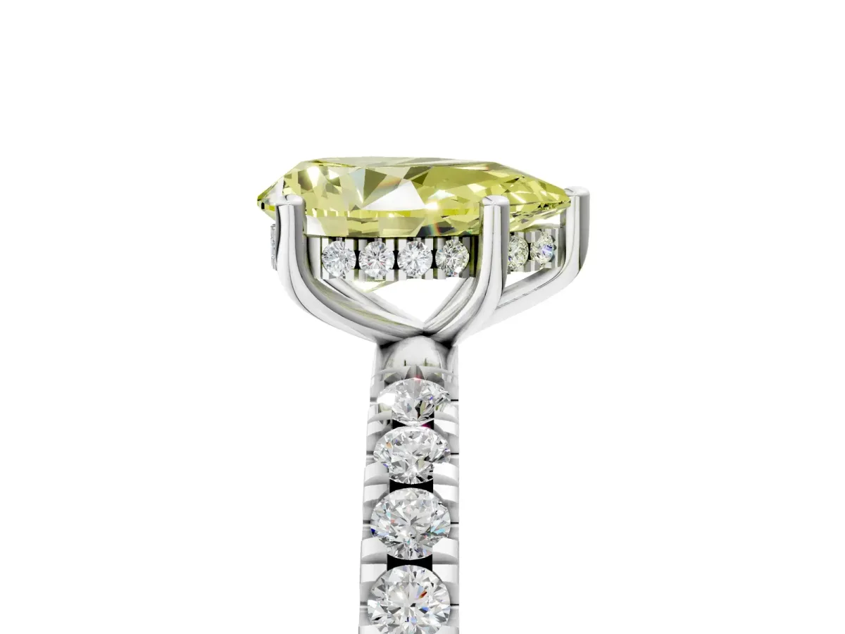 Fancy Yellow Pear Cut Diamond Pave Band Solitaire Ring with Round and Prong Setting Platinum