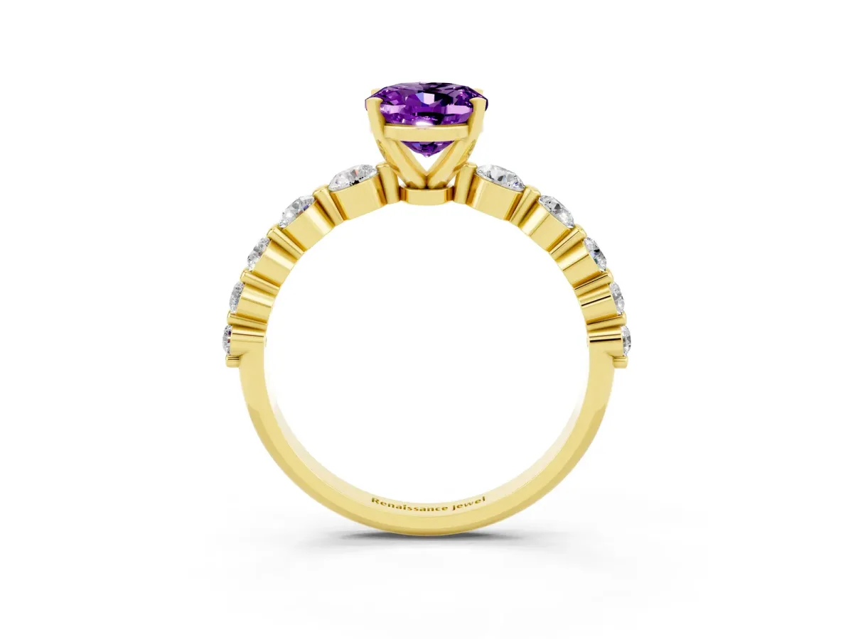 Oval Cut Solitaire Amethyst Ring with Pave Band and Four-Prong Setting Yellow gold