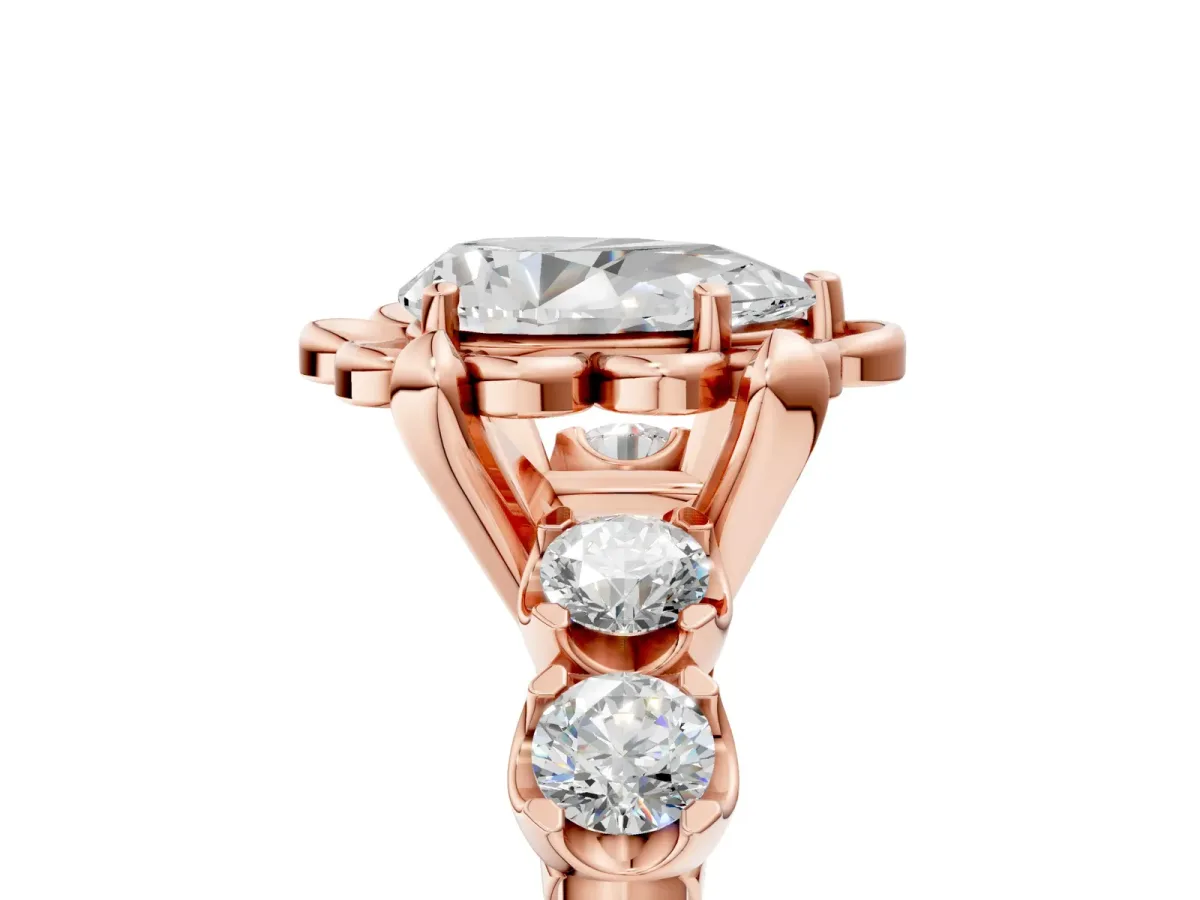 Pear Cut Cut Diamond Floral Halo Engagement Ring with Shared Prong Setting Rose gold