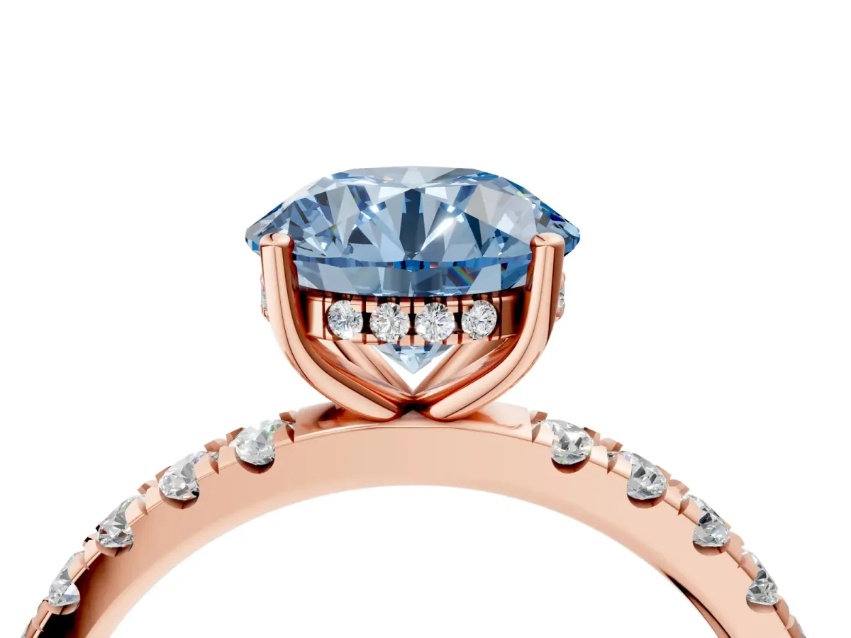 Fancy Blue Round Cut Diamond Pave Band Solitaire Ring with Round and Prong Setting Rose gold
