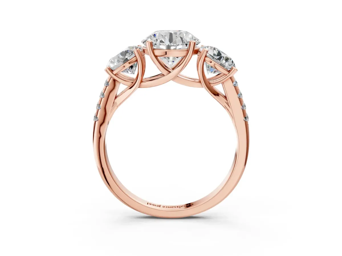 Three-Stone Round Cut Diamond Ring with Round Pavé Band and Prong Setting Rose gold