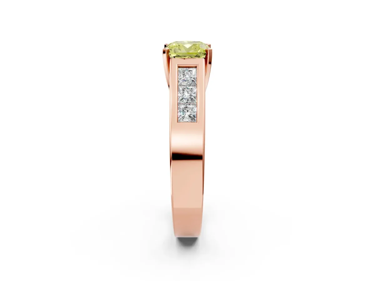 Fancy Yellow Cushion Cut Cut Channel Set Solitaire Ring with Four-Prong Setting Rose gold