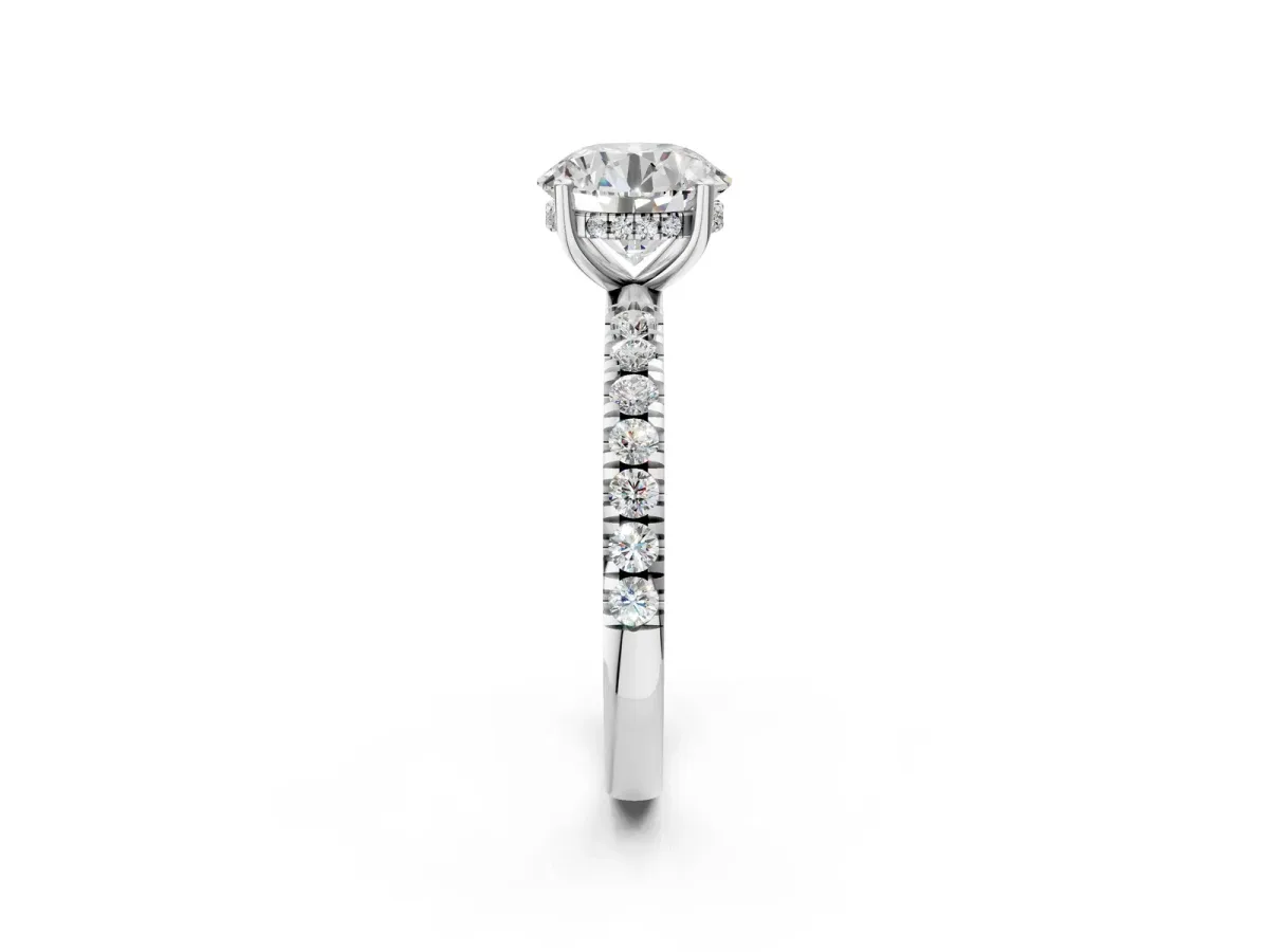 Round Cut Diamond Pave Band Solitaire Ring with Round and Prong Setting Platinum