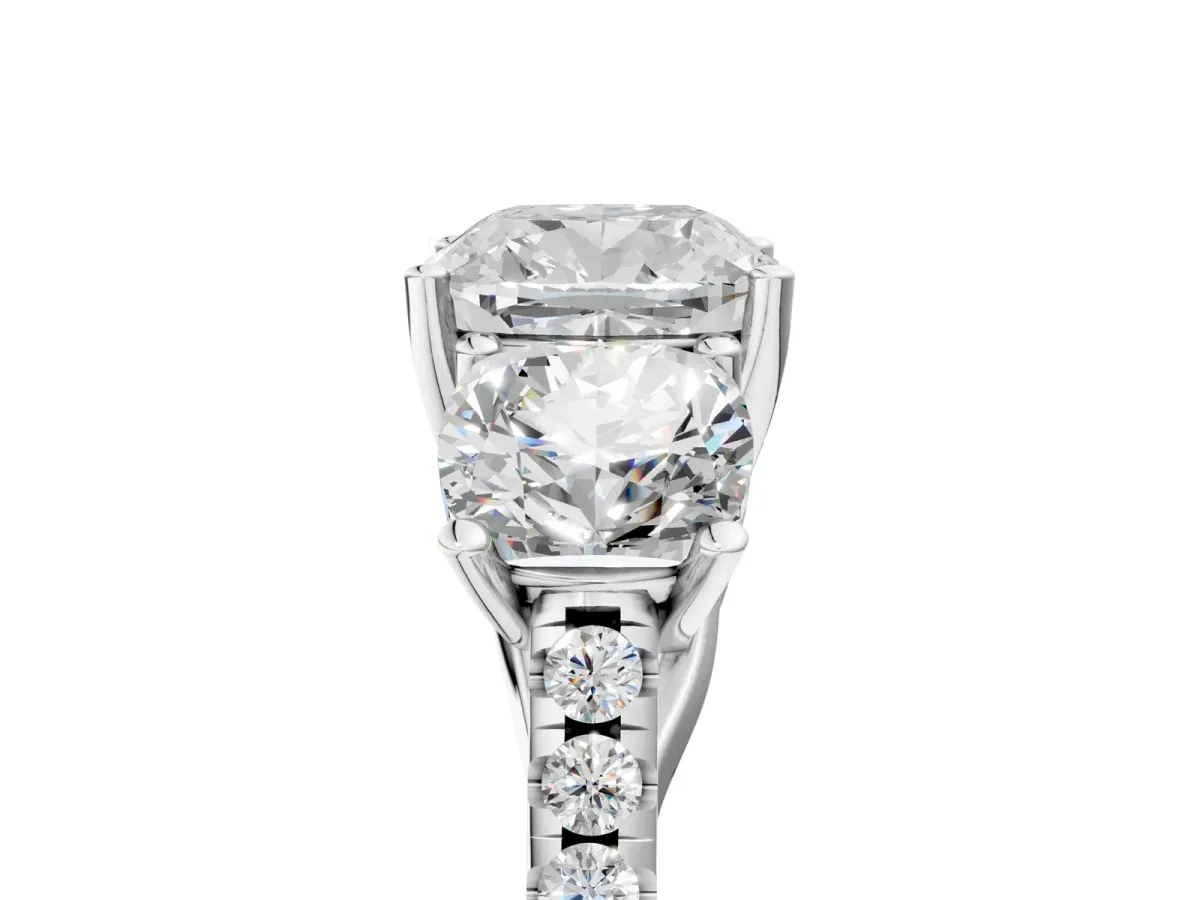 Three-Stone Cushion Cut Diamond Ring with Round Moissanite Pavé Band and Prong Setting Silver