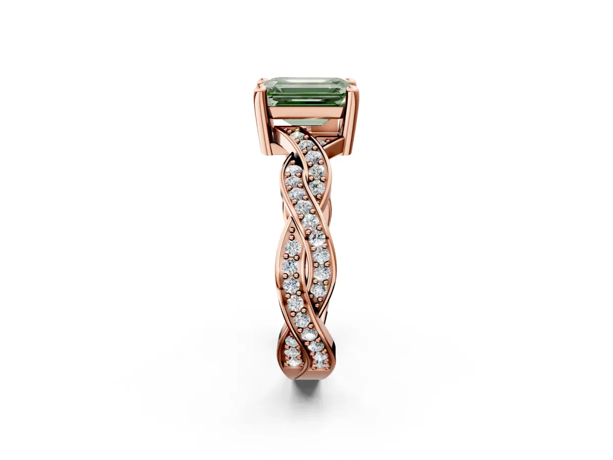 Fancy Green Emerald Cut Cut Twisted Pavé Band Solitaire Ring with Four-Prong Setting Rose gold