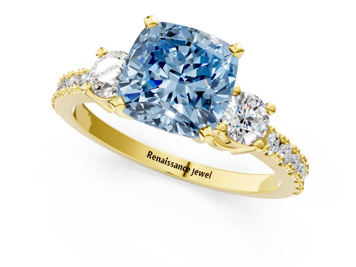 Fancy Blue Cushion Cut Cut Three-Stone Diamond Pavé Band with Prong Setting Yellow gold