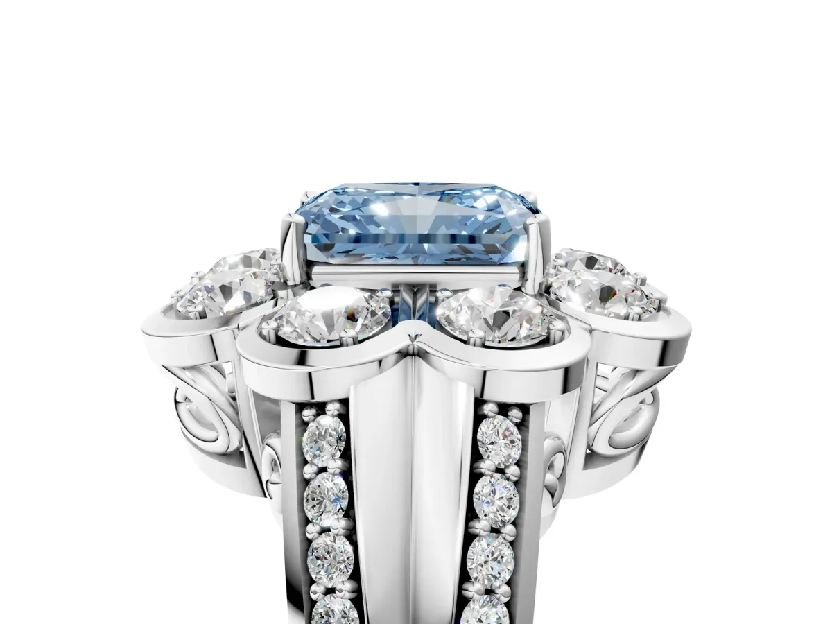 Fancy Blue Radiant Cut Brilliant Flower Halo Diamond Split Shank Ring Platinum
