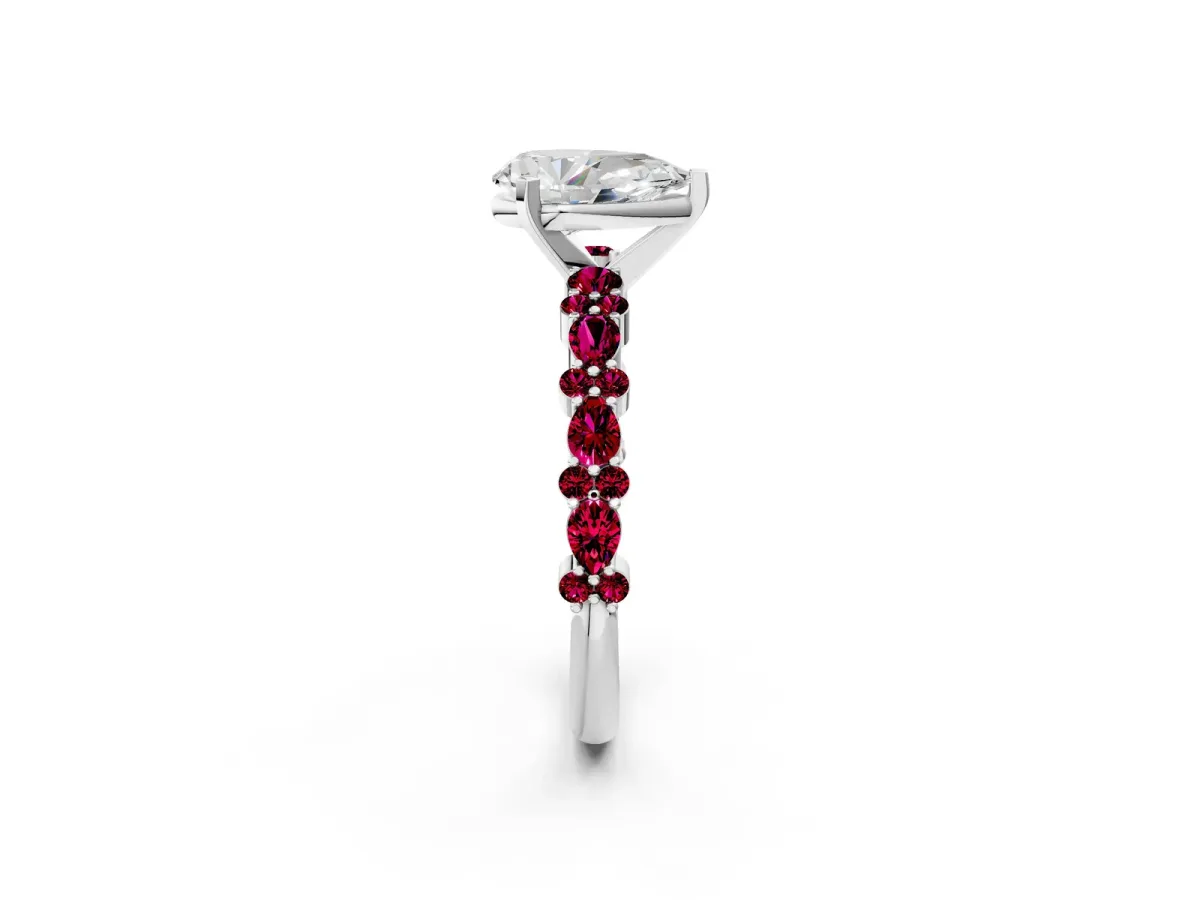 Pear Cut Diamond Side Stone Solitaire Ring with Round Garnet and Four-Prong Setting White gold