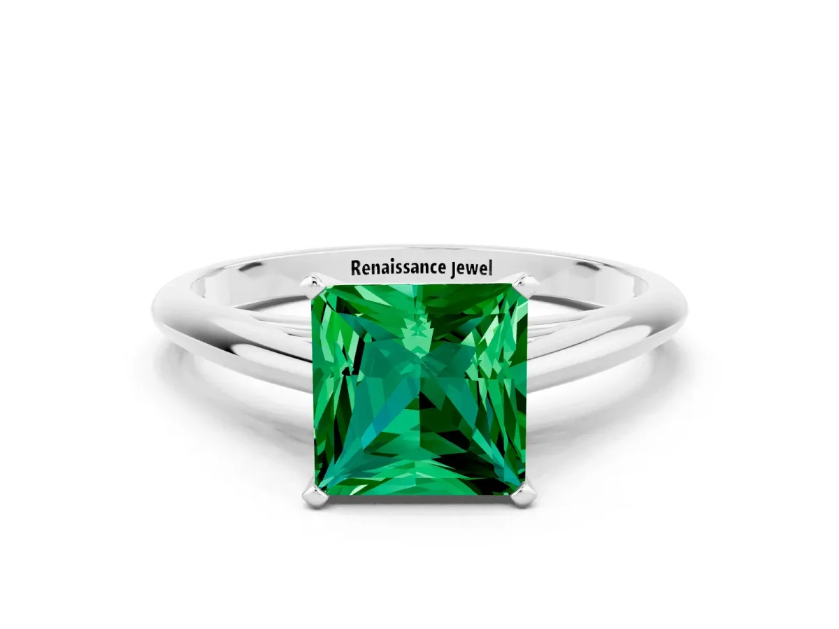 Princess Cut Emerald Solitaire Engagement Ring with Cathedral Setting and Four-Prong Mount White gold