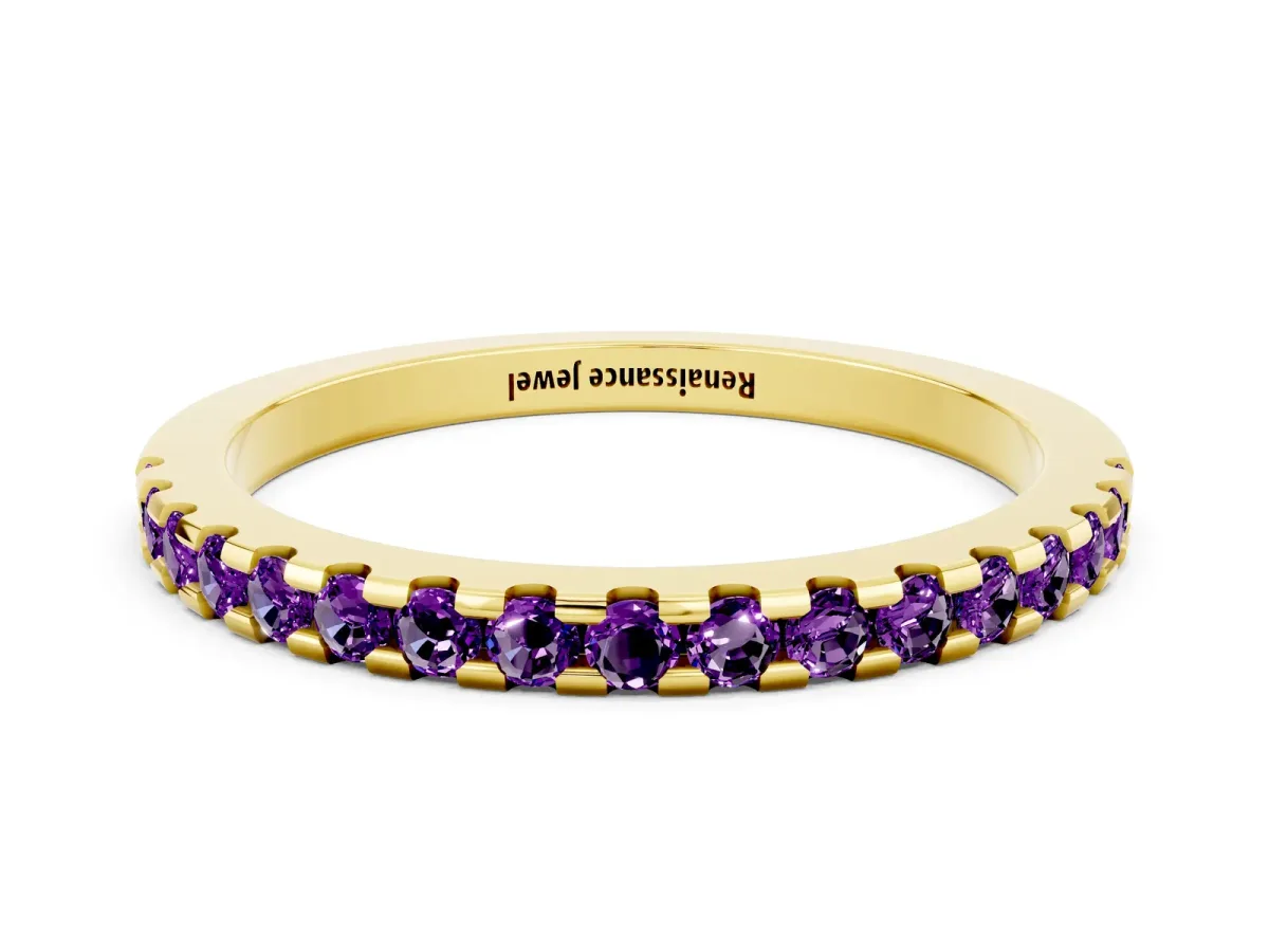 Round Amethyst Pavé Set Eternity Band with Micro Prong Setting Yellow gold