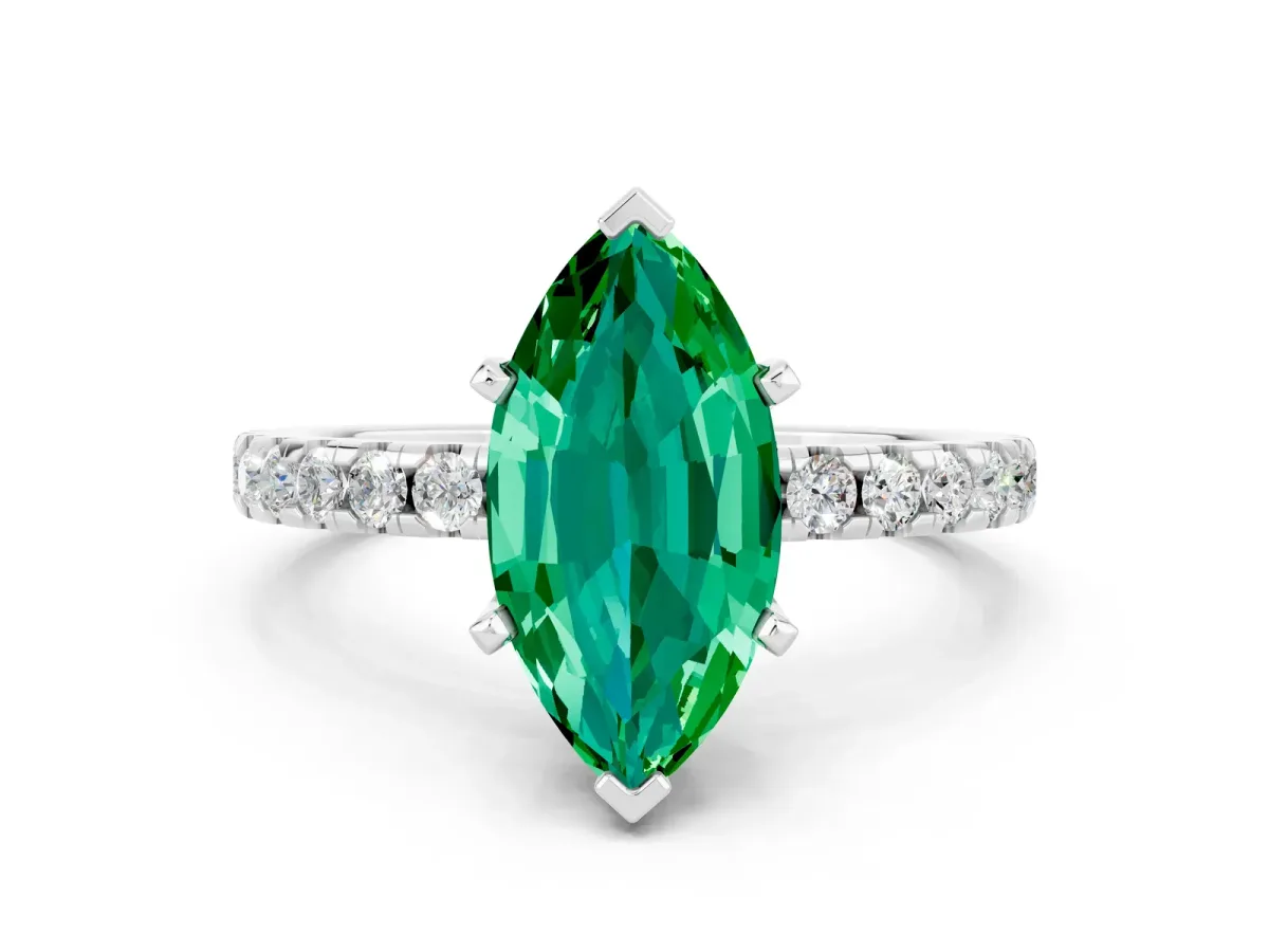 Marquise Cut Emerald Solitaire Ring with Round Pavé Band and Four-Prong Setting Silver